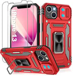 Jshru for iPhone 13 Case with Screen Protector [2 Pack] and Slide Camera Cover,Military Grade Shockproof iPhone 13 Phone Case,Ring Kickstand Phone Cover for iPhone 13,Red