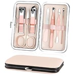 Kit Manucre Pedicure, URAQT 7pcs Coupe Ongle Professionnel Set Coupe Cuticule Acier Inoxydable, Trousse Manucure Pedicure avec Exquis La Boîte pour Voyage et à la Maison (Rose Glod)