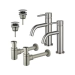 Fortifura Calvi Kit robinet lavabo - pour double vasque - robinet bas - bonde clic clac - siphon design bas - Inox brossé PVD