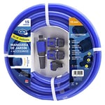 S&M 553042 - Tuyau bleu renforcé Blue Garden avec accessoires (lance d'irrigation et connecteurs) Rouleau de 15 m Ø15 mm (diamètre intérieur) x Ø20 mm (diamètre extérieur) Anti-plis