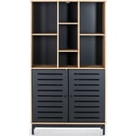 Bibliothèque en pin avec structure en bois effet ciré naturel et portes noires - Longueur 90 x Profondeur 40 x Hauteur 160 cm Pegane