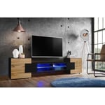 Meuble Banc TV Merano Version 2 Komodee - LED Bleues - Bois naturel Mat et Noir - 230 x 53 x 35 cm