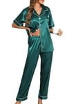 Lovasy Pyjama Satin Femme Short Ensemble Pyjamas Manches Courtes Chemises de Nuit Sexy Chic Ete 2 Pièces Vêtements de Nuit en Soie Boutonnée, Y-Vert foncé S