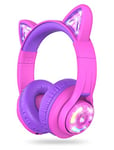 iClever Cat Ear Kids Bluetooth Headphones RGB LED Light Up,50H Playtime, 74/85/94dB Volume Limited, Over Ear Foldable Wireless Kids Headphones with Microphone for School/Tablet/PC