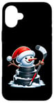 iPhone 16 Plus Cartoon Ice Hockey Puck Snowman with Santa Hat Christmas Case