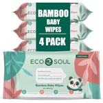 ECO SOUL 100% Bamboo Soft Wet Baby Wipes | 4 Multipack of 64 Wipes Each | Hypoallergenic (For Sensitive Skin) | Eco & Travel Friendly, Biodegradable Water Wipes | Fresh Aqua | Suitable for Newborn