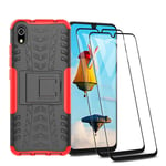 HAOTIAN Case for Xiaomi Redmi 9AT / Redmi 9A Case and 2 Screen Protector, Rugged PC/TPU Double Layer Hybrid Armor Cover, Anti-Scratch PC Back Panel + Shockproof TPU Inner + Foldable Holder. Red
