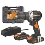 Worx 20V Combi Drill Brushless 60Nm & 75pc Bit Set, 2x 2Ah Batteries & 1 Charger