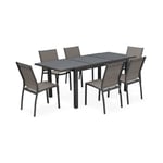 Salon de jardin table extensible - Orlando Gris taupe - Table en aluminium 150/210cm. plateau de verre. rallonge et 6 chaises en