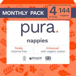 Pura Eco Baby Nappies - Size 4 (8-14kg / 18-31 lbs), 6 x 24 Nappies (144 Total), Monthly Pack, Ultra Soft Nappies for Sensitive Skin, Organic Cotton, Up to 12hrs Leak Protection, New Size Guide