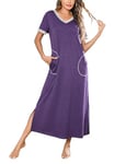 Jezonga Chemise de Nuit Femme Coton Longue Robe de Nuit à Manches Courtes Col en V Vêtements de Nuit Ete avec Poches - Violet,S