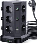 [5M Câble] Tour Multiprise Parafoudre Et Surtension(4000W/16A), Multi Prises Électriques Avec 6 Ports Usb Et 12 Prises, 3 Interrupteurs, 5M Cordon, Noir