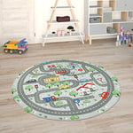 Paco Home Tapis Chambre Enfant Tapis De Jeux Tapis Bébé Tapis Enfant Route Tapis De Jeux, Dimension:120 cm Rond, Couleur:Gris