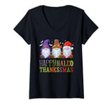 Womens Halloween Thanksgiving Christmas Happy HalloThanksMas Gnomes V-Neck T-Shirt