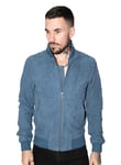 Infinity Leather Mens Retro Goat Suede Varsity Bomber Jacket-Athens - Blue - Size Medium