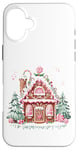 Coque pour iPhone 16 Plus Jolie maison en pain d'épice avec flocons de neige en glaçage rose