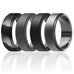 ROQ Silicone Wedding Ring For Men, 4 Pack Silicone Rubber Band Step Edge - Black, Black Camo, Silver, Beveled Metallic Platinum - Size 12