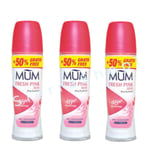 3 x Mum Roll On Fresh Pink Rose 48H Anti Perspirant Deodorant 75ml Alcohol Free