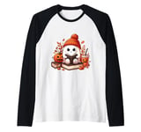 Cute Ghost Reading Book Lovers Ghost Coffee Halloween Raglan Baseball Tee