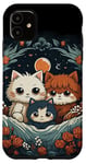 Coque pour iPhone 11 mignon anime chat portrait de famille avec couronne, lune, fleurs