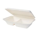 GREENBOX Bols jetables en bagasse canne à sucre biodégradables, Boîte à repas divisée en 2 compartiments avec couvercle rabattable 650 ml, 50 coupelles rectangulaires 25 x 16,5 cm Blanc DFC013461