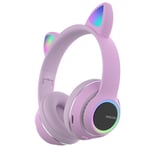 Casque Bluetooth Oreille de Chat Mignon Casque de Musique HiFi Pliable Prend en Charge la Carte TF FM avec Micro,Violet