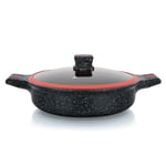 Herzberg, HGRSSLW28, Cocotte peu profonde en granit avec couvercle en verre, Idéale pour Cuisson Saine, Résistante aux Rayures, Facile à Nettoyer, 28 cm, couleur : Rouge et Noir