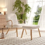 Fauteuil relax en sherpa avec pouf, chaise avec repose-pied, pieds en bois massif, pour salon, chambre, beige-blanc