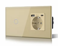 Schuko Interrupteur D'Éclairage, Prise, Encastré, 1 Compartiments, 2 Voies, Prise 3-En-1, Puissance De Charge Usb 2,1 A, Adaptateur De Type C, Station De Charge, Rallonge En Verre,[VID061433]