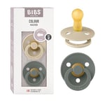 BIBS Colour Soother 2-Pack, BPA Free Dummy Pacifier, Round Nipple. Natural Rubber Latex, Made in Denmark, Size 2 (6-18 Months), Vanilla/Pine