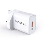 MAGIX Wall Charger Quick Charge 3.0 18W 3A , AC 100-240V to DC 6V 9V 12V (Qc 1.0 2.0 Compatible)(UK Plug)(White)