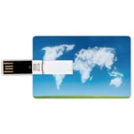 8G USB Flash Drives Credit Card Shape World Map Memory Stick Bank Card Style Graphic Design of Shaped Clouds in the Sky with Colors Nature Art Print Decorative,Blue Green White Waterproof Pen Thumb L