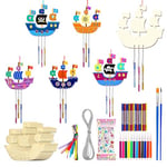 RYAN 10 Pcs Bricolage Bateau Pirate Enfant Carillon à Vent Artisanat Bateau en Bois à Peindre Activité Manuelle Loisirs Créatifs pour Enfants Créations en Bois à Peindre Décoration