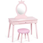 Coiffeuse avec Taboureté pour Enfants avec Tiroir de Rangement et Miroir en Forme de Courone, Table de Maquillage de Style Princesse avec Pieds