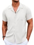 COOFANDY Short Sleeve Shirts Men Casual Shirts Cuban Shirts Summer Shirt Regular Fit Holiday Shirt Beach Shirts Linen Shirts Cuban Shirt Button Down Shirt White XXL