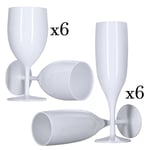 6 Prosecco Flutes, 6 Wine Glasses White (Pack of 12) Reusable Strong Plastic