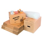 Pack Mudanza Smart avec 10 boîtes en carton avec poignées 50 x 30 x 30 cm, 10 boîtes en carton avec poignées 43 x 30 x 25 cm, 1 rouleau plastique bulles, 2 ruban adhésif pour l'emballage...