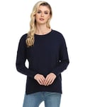 J.Corrine Femme Pull Lâches Épaules Tombantes Chandail en Tricot Col Rond Automne Hiver Tops en Maille Manches Longues Bleu Royal S