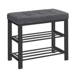 SONGMICS Banc, Porte-Chaussures à 3 Niveaux, Rangement avec Siège Rembourré de Mousse, Tissu en Lin, Cadre Métallique, pour Salon, Entrée, 31 x 60 x 49 cm, Gris Foncé et Noir LBS576B01, 60L cm