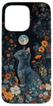 Coque pour iPhone 15 Pro Max Russe Bleu Chat Lune Fleurs Cottagecore