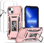 Antichoc Coque Para Iphone 13 6.1',Tpu+Pc Housse Protection De Qualité Militaire Avec Lentille Coulissante Couverture/2* Verre Trempé,Compatible Support De Voiture Magnétique-Or Rose