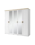 Armoire 5 Portes 226cm collection JASPER, Coloris blanc, finition chêne wotan, idéal pour une grande chambre