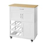 SoBuy Desserte de Cuisine, Chariot de Service Roulant, Armoire de Rangement sur roulettes, Plateau en Bois d'Hévéa, avec Tiroir, Porte-Bouteilles et Portes, L67xH87xP37cm, Blanc, FKW45-WN