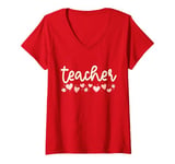 Womens School Teacher Valentines Day Daisy Flowers Little Hearts V-Neck T-Shirt