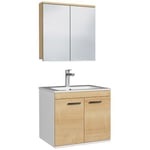 Meuble salle de bain RUBITE simple vasque 2 portes Chêne clair L. 60 cm + miroir armoire - Saniverre