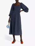 o.p.t Santana Puff Sleeve Floral Print Midi Dress, Navy