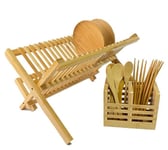 ORIGINAL BAMBOO WOOD WOODEN 2 TIER FOLDING DISH DRAINER RACK WITH CUTLERY HOLDER