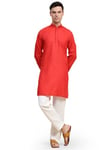 SKAVIJ Mens Tunic Kaftan Cotton Kurta Pajama Indian Casual Yoga Henley Side Split Gown Pants Shirt Set (Red, Large)