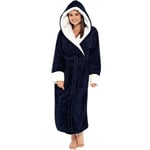 Kvinnor Sherpa Fleece Morgonrock Mjuk Morgonrock Huva Fluffig Towling Badrock Navy