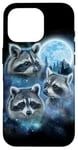 Coque pour iPhone 16 Pro Trois ratons laveurs engloutis dans les nuages de galaxie sous la lune glacée